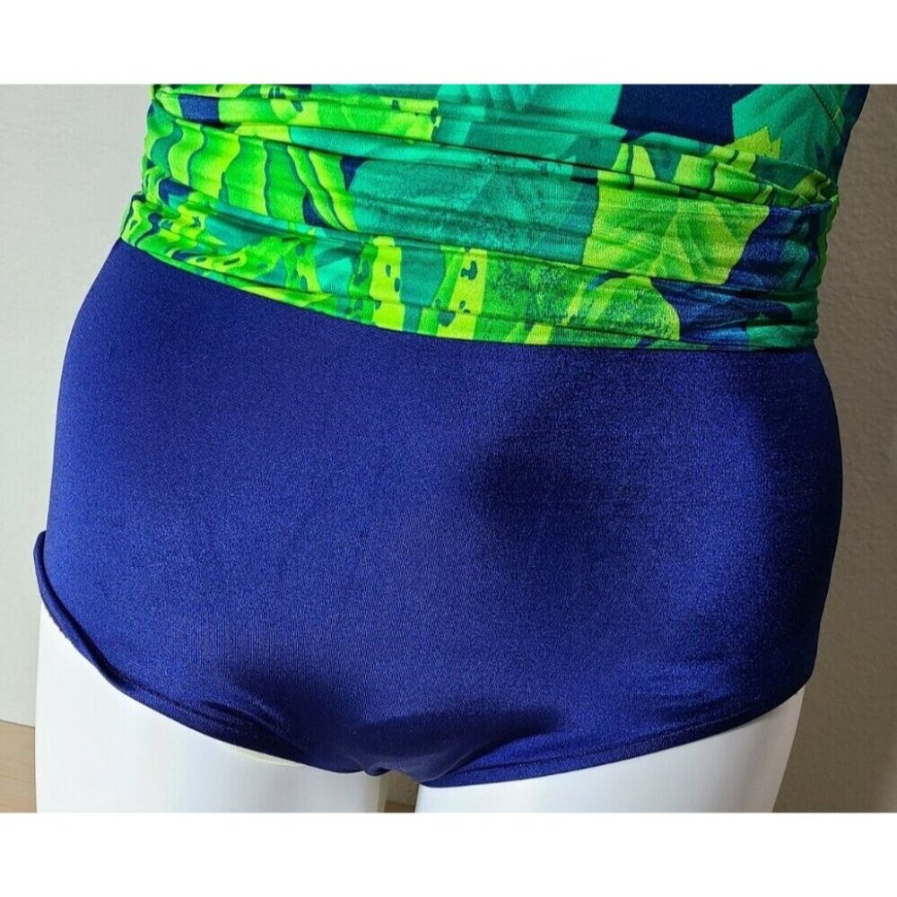 Vtg Jantzen Womens V Neck Faux Wrap One Piece Swimsuit Green/Blue Tropical Sz 10 - Picture 2 of 12
